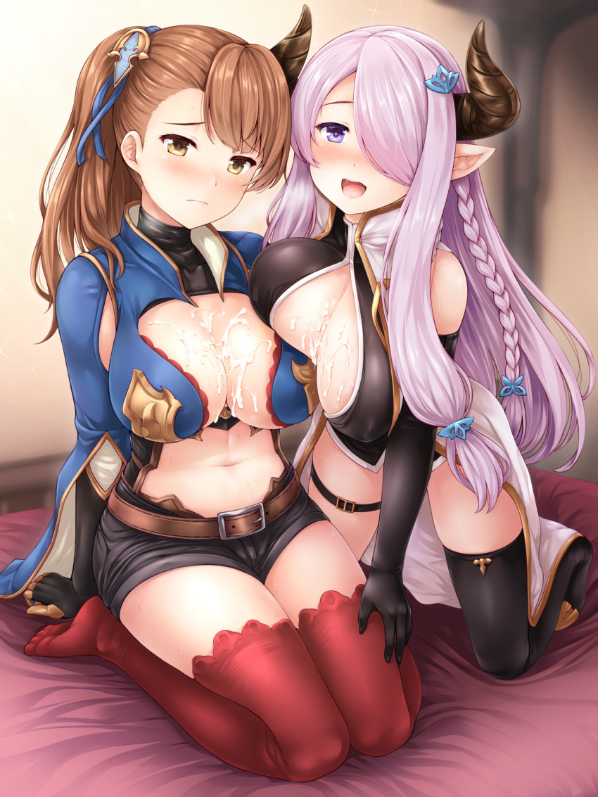 2girls beatrix_(granblue_fantasy) belt black_gloves black_legwear blush braid breasts brown_hair closed_mouth cum cum_on_body cum_on_breasts cum_on_upper_body elbow_gloves fingerless_gloves gloves granblue_fantasy hair_ornament hair_over_one_eye hairpin highres horns indoors kneeling large_breasts long_hair looking_at_viewer multiple_girls narmaya_(granblue_fantasy) navel open_mouth pointy_ears ponytail purple_eyes purple_hair red_legwear seiza shorts sidelocks sitting smile thighhighs tied_hair uni8 very_long_hair yellow_eyes