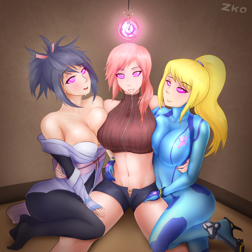 3girls blonde_hair bodysuit breasts cleavage clock crystal drooling eclair_farron female final_fantasy final_fantasy_xiii jpeg large_breasts looking_at_viewer metroid mind_control multiple_girls multiple_subs nintendo original_character pink_hair saliva samus_aran sheena_fujibayashi signature tagme tales_of_(series) tales_of_symphonia zero_suit_samus zko