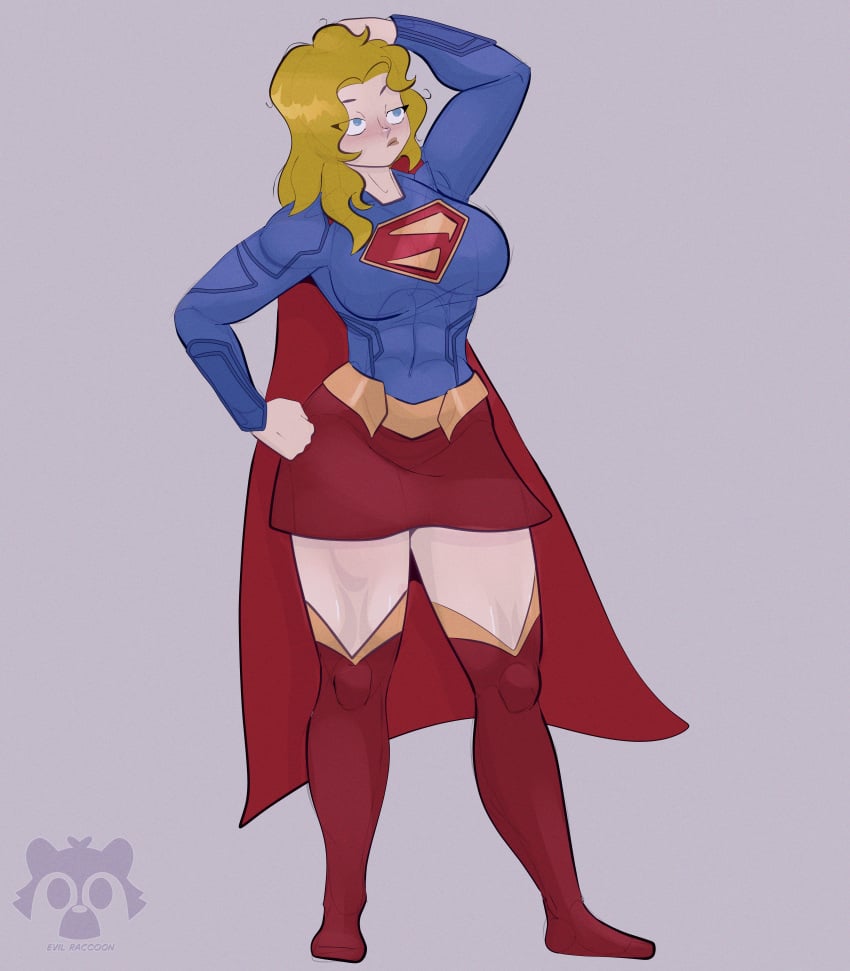 big blonde blonde_female blonde_hair blue_eyes breasts cape dc dc_comics dcu evil_raccoon kara_zor-el milly_alcock miniskirt muscles muscular muscular_female supergirl superheroine thick_thighs