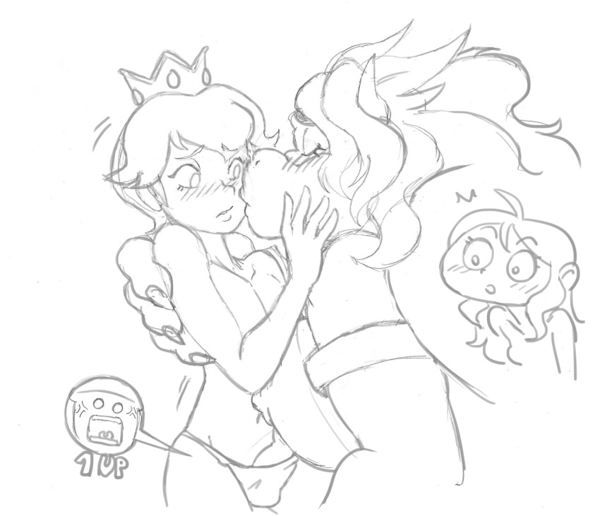 1boy 1up 2girls black_and_white blush bowser breasts doodle duo_focus female female_bowser femboy genderswap_(ftm) genderswap_(mtf) kissing koopa male mario_(series) monochrome mushroom nauth nauth_le_roy nintendo nipples penis princess_peach rule_63 scalie size_difference sketch smaller_male super_mario_bros.