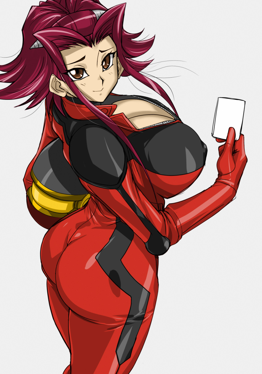 1girls akiza_izinski alternate_breast_size bodysuit breasts card catsuit cleavage clothing eye_contact female female_only helmet hikawadou huge_ass human izayoi_aki jumpsuit large_breasts looking_at_viewer nipples solo source_request yu-gi-oh! yu-gi-oh!_5d's