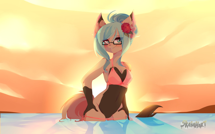 2016 absurd_res animal_ears animal_tail anthro aqua_hair bikini bikini_top biting_lip breasts brown_fur cat_ears cat_tail catgirl cleavage clothed clothing eyewear fatima_(hfl) feline female flower glasses green_eyes green_hair hair hair_flower hi_res lake mammal partially_clothed partially_submerged plant pussy river skaiahart sky smile solo sunset swimsuit teeth undressing water