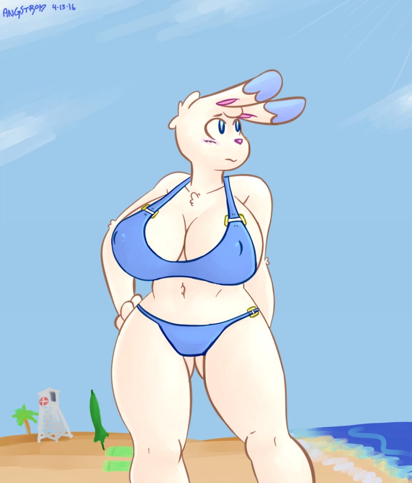 2016 angstrom anthro ass beach bikini blue_bikini blue_eyes blush breasts cleavage dated female female_only front_view furry hand_on_hip huge_breasts lagomorph long_ears mammal molly_(angstrom) navel nipple_bulge original_character outdoors pink_nose rabbit seaside signature sky solo standing swimsuit voluptuous white_fur wide_hips