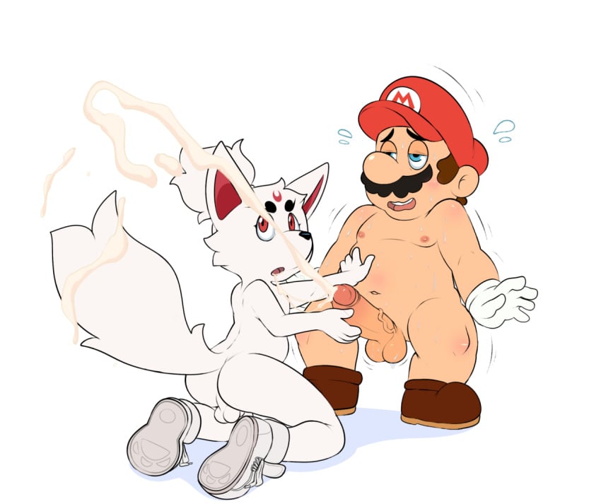 anthro ass backsack balls canine circumcised clothing cum cumshot duo erection eroborus facial_hair flying_sweatdrops fox front_view gloves handjob human humanoid_penis kitsune_(ero) kneeling looking_back male mammal mario mario_(series) moobs mostly_nude motion_lines moustache navel nintendo nipples open_mouth orgasm orgasm_face penis perineum sneakers spread_legs spreading standing surprised sweat sweatdrop vein veiny_penis video_games yaoi