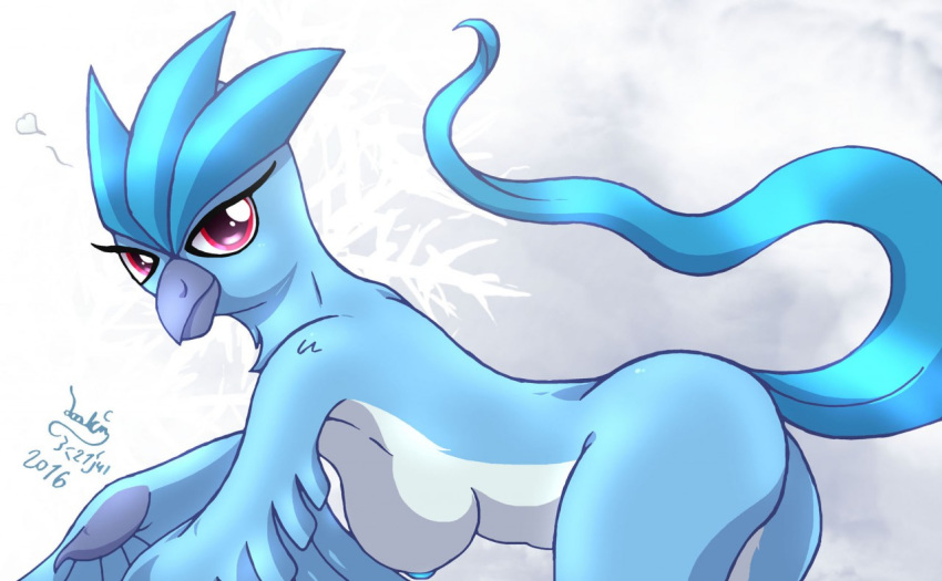 anthro areolae articuno ass avian beak breasts female hanging_breasts heart joakaha looking_at_viewer nipples nude pink_eyes pokemon pokemon_(species) sideboob solo tail text wings