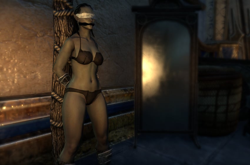 3d arms_behind_back black_bra black_panties blindfold bondage bra dunmerirogue gag gagged panties the_elder_scrolls the_elder_scrolls_online underwear