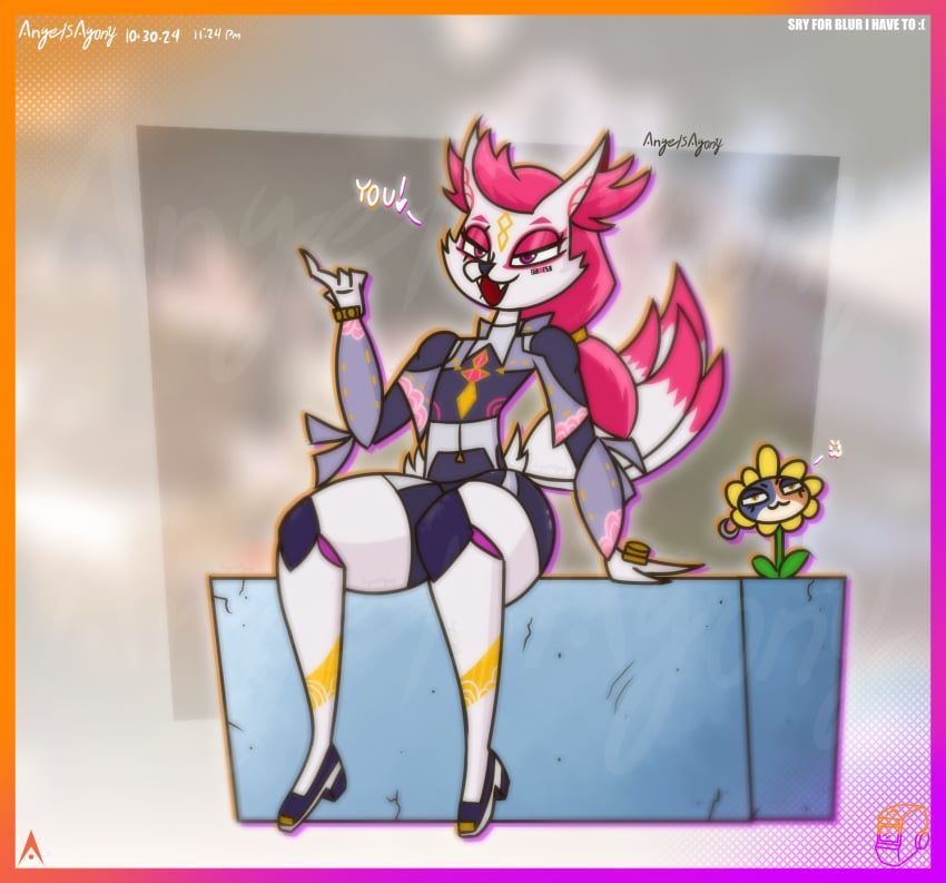 2d 2d_(artwork) 2girls agonywelds ass curvy curvy_figure flirting flower fortnite fortnite:_battle_royale fox fox_ears fox_girl foxtail furry furry_female gesture kimiko_(fortnite) kimiko_five-tails meow_skulls_(fortnite) plant plants_vs_zombies sunflower sunflower_(pvz) text thick_ass thick_thighs thighs wide_hips