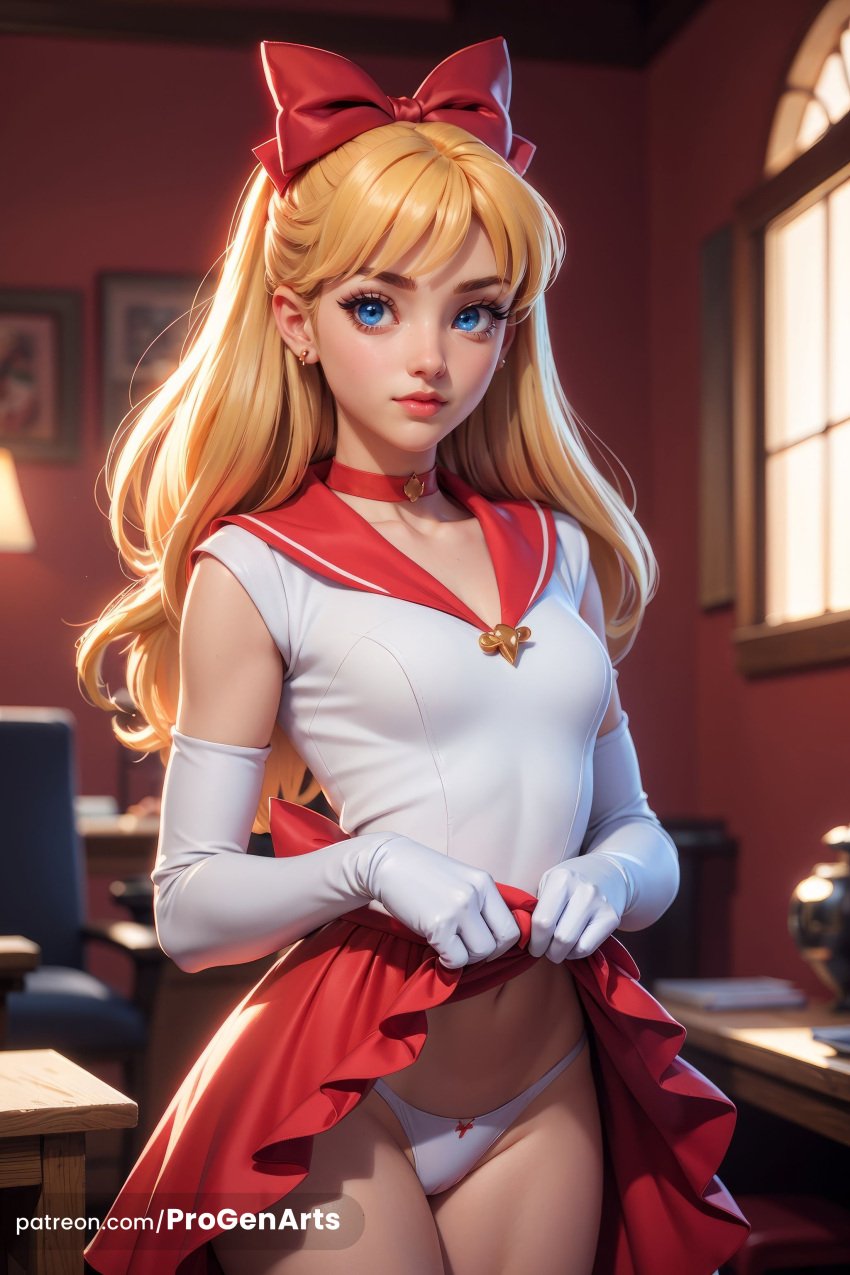 1girls ai_generated aino_minako artist_name bishoujo_senshi_sailor_moon blonde_hair blue_eyes blurry blurry_background bow bow_panties breasts choker clothes_lift collarbone cowboy_shot earrings elbow_gloves gloves hairbow half_updo hi_res highleg highleg_panties indoors jewelry lifted_by_self lips long_hair looking_at_viewer magical_girl minako_aino navel panties patreon_username pleated_skirt progenarts red_bow red_choker red_skirt sailor_collar sailor_jupiter sailor_senshi_uniform skirt skirt_lift small_breasts solo standing underwear web_address white_gloves white_leotard white_panties window