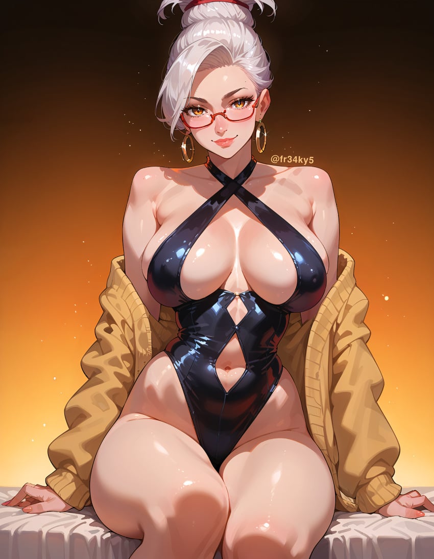 ai_generated ayase_seiko cleavage dandadan fr34ky granny huge_breasts leotard mature_female sagging_breasts sweater white_hair