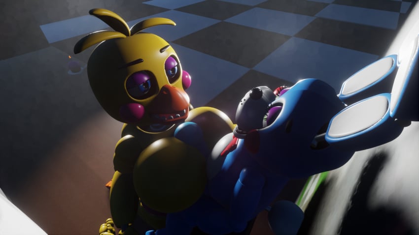 animatronic big_breasts five_nights_at_freddy's fnaf gigantic_breasts head_tilt moaning moaning_in_pleasure paizuri penis robot seductive_look titjob tittyfuck toy_bonnie_(fnaf) toy_chica_(fnaf)