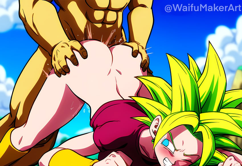 1boy 1girls ai_generated ass ass_grab ass_up bent_over blue_eyes blush clenched_teeth dragon_ball_super embarrassed female grabbing_ass hi_res high_resolution highres kefla kefla_(dragon_ball) male male/female medium_breasts motion_lines mountain muscular_male on_floor one_eye_closed penis_in_pussy pussy_juice_drip sex straight super_saiyan top-down_bottom-up waifumakerart