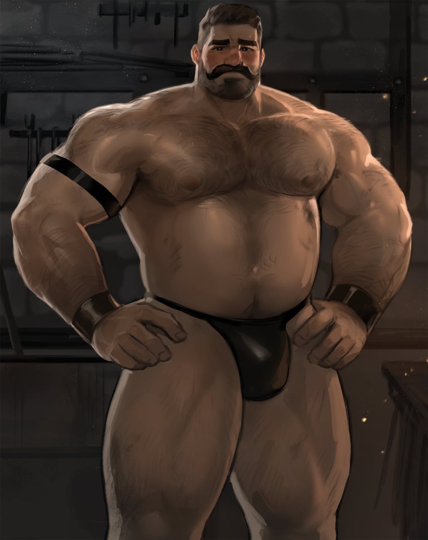 1boy bara bara_tiddies bara_tits beard belly big_muscles big_pecs big_thighs black_thong black_wristband body_hair brown_hair bulge chest_hair dadbod dilf dopq facial_hair hairy hairy_arms hairy_belly hairy_chest hairy_hands hairy_male hairy_shoulders hairy_thighs hands_on_hips happy_trail human human_only leather_thong light-skinned_male light_skin looking_at_viewer male male_focus male_only manly mature mature_male moustache moustache muscles muscular muscular_male muscular_shoulders muscular_thighs nipples pecs pectorals pose posing solo solo_focus solo_male standing thick_eyebrows thick_thighs thong thong_only topless wristband