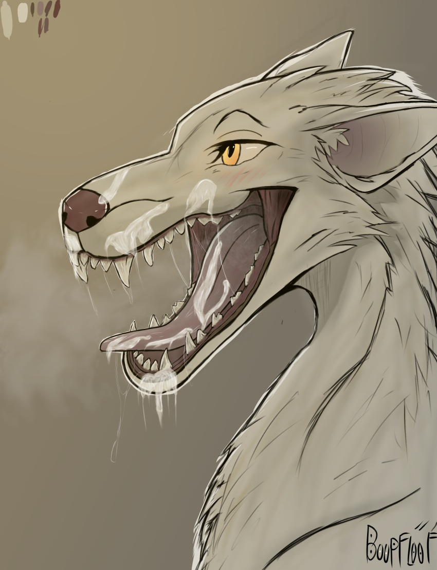 absurd_res after_sex bedroom_eyes blush bodily_fluids boopfloof breath canid canine canis cum digital_media_(artwork) female feral fur genital_fluids hi_res mammal muzzle_(disambiguation) narrowed_eyes open_mouth saliva seductive simple_background smile solo tongue