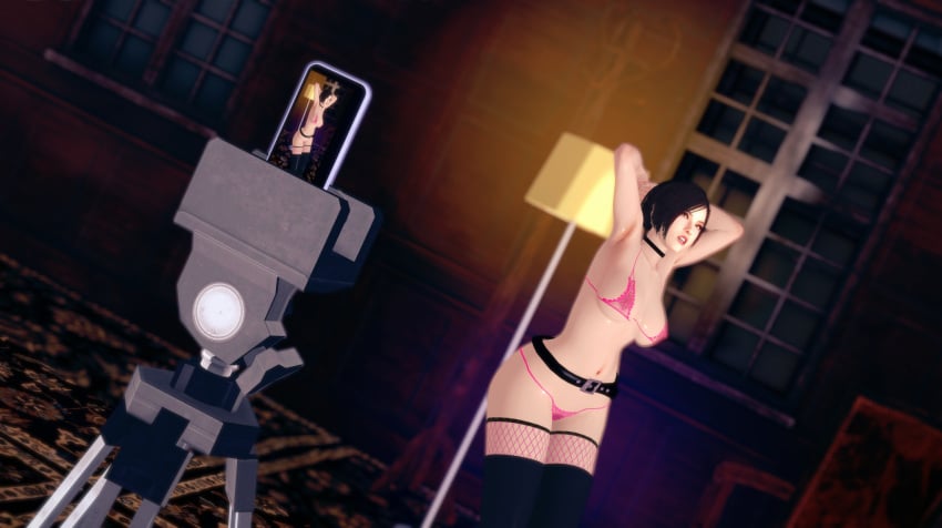 1girls 3d 3d_(artwork) ada_wong ada_wong_(adriana) big_breasts bikini black_hair cellphone dancing koikatsu resident_evil short_hair tiktok