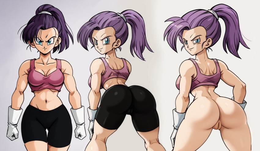 ai_generated ass bedroom_eyes bike_shorts bra_(dragon_ball) bra_briefs dragon_ball dragon_ball_multiverse dragon_ball_z from_behind pussy son_bra tank_top