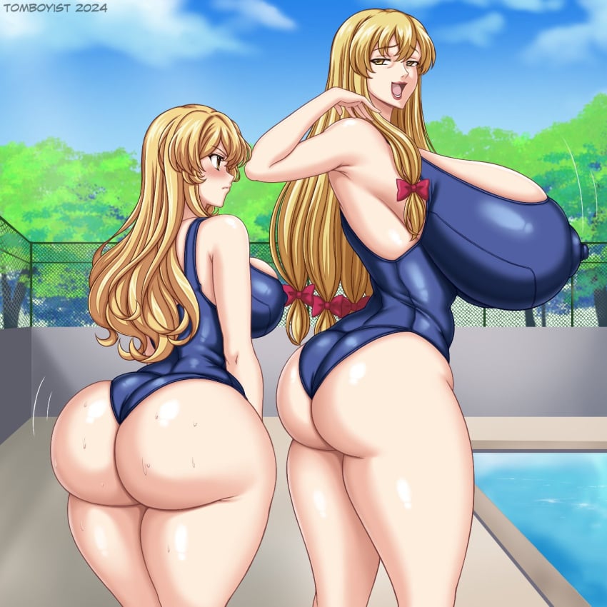 2girls abridged-satoko armpits ass ass_focus big_breasts blonde_hair bottom_heavy breasts breasts_bigger_than_head bubble_butt cleavage dat_ass dumptruck_ass female female_only hair_ribbon huge_breasts large_ass large_breasts long_hair marisa_kirisame mature_female milf nipples nipples_visible_through_clothing one-piece_swimsuit outdoors pale-skinned_female pale_skin perfect_body pool school_swimsuit spankable_ass sweat sweaty sweaty_butt swimsuit thick_thighs tomboyist touhou voluptuous voluptuous_female wide_hips yellow_eyes yukari_yakumo