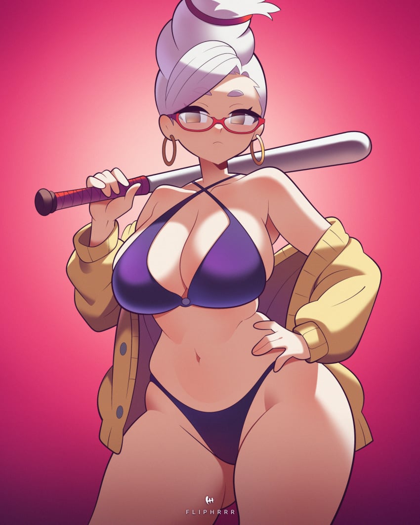 ayase_seiko baseball_bat bikini breasts brown_eyes coat dandadan female female_only flipherrrr gilf glasses gray_hair hand_on_hip light_skin long_hair mature milf tagme