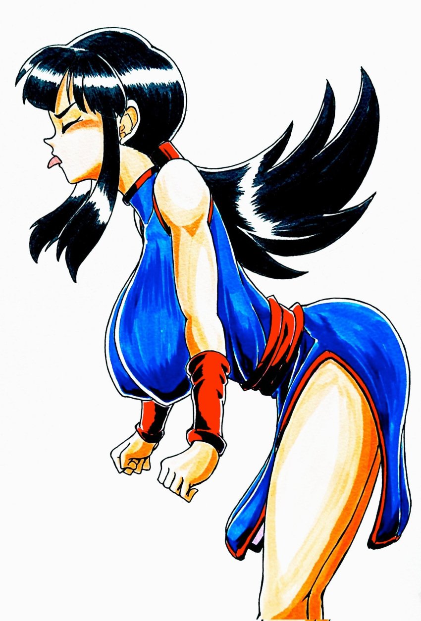 1girls area5169458561 bent_over big_breasts chichi chinese_clothes closed_eyes dragon_ball dragon_ball_z female fully_clothed side_view tongue_out traditional_media_(artwork)