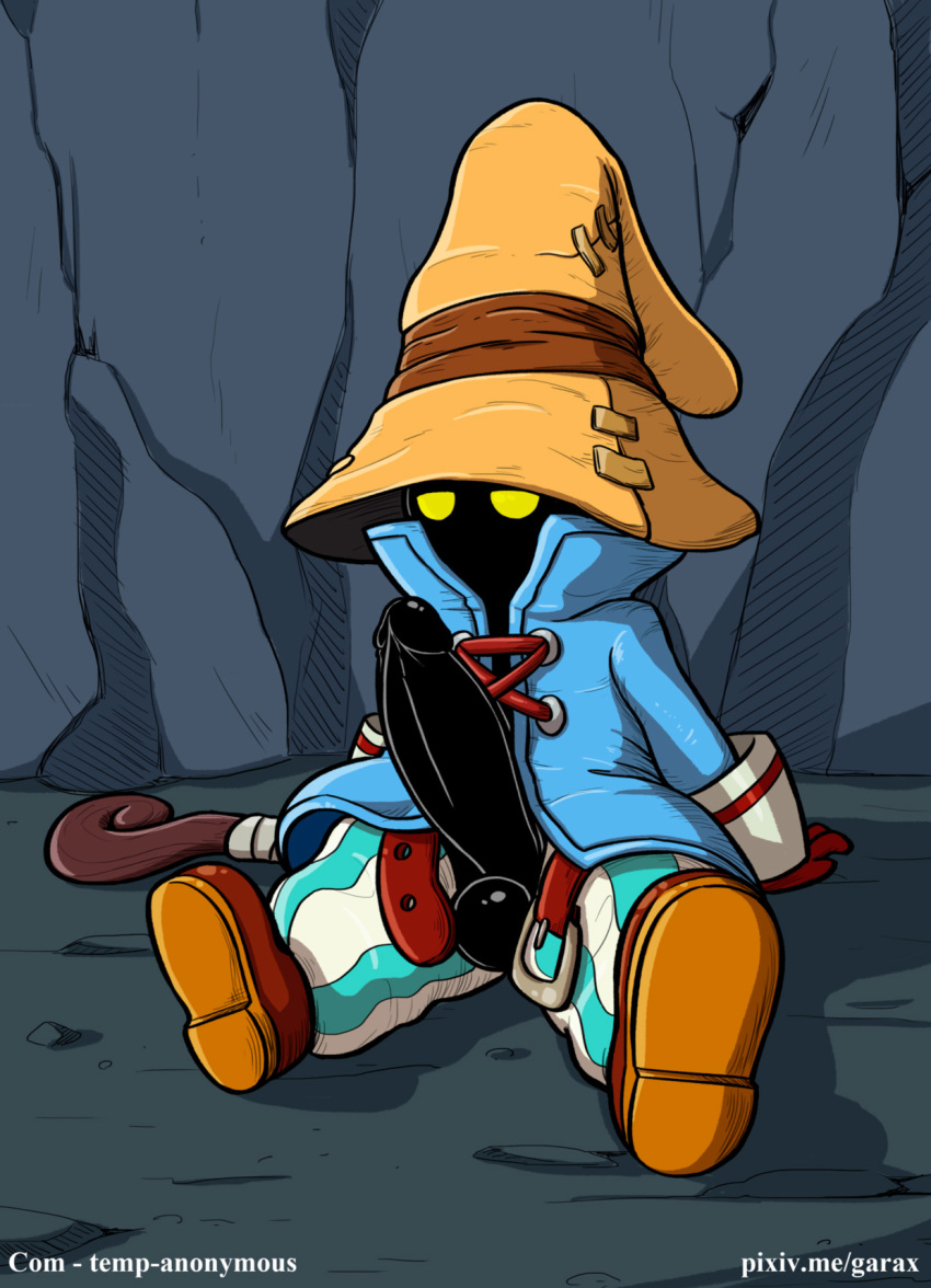 balls black_mage black_skin cave cloak erection final_fantasy final_fantasy_ix garabatoz hat headgear huge_cock male_only penis rod sitting staff testicles vivi_ornitier wand witch_hat