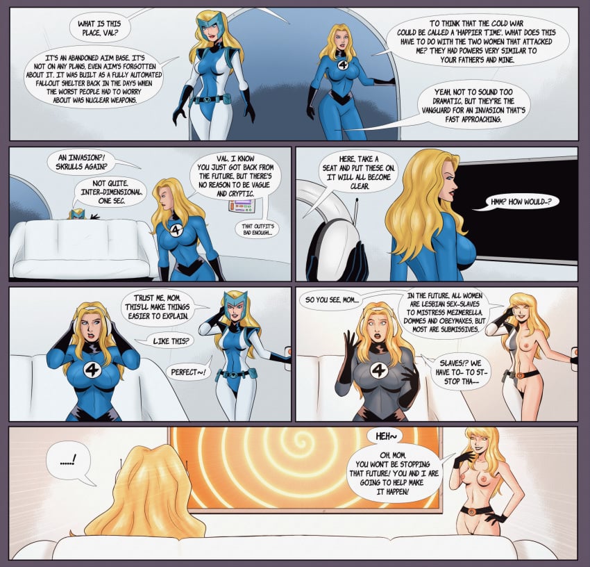 2girls alternate_costume big_breasts blonde_hair blue_eyes brainwashing corruption couch curvy daughter defeated defeated_heroine dialogue fantastic_four female_only femdom femsub heroine hourglass_figure hypnosis incest invisible_woman long_hair marvel marvel_comics mezmerella milf mind_control mother mother_and_daughter orange_eyes perfect_body polmanning skin_tight slim_waist speech_bubble spiral spiral_eyes sue_richards sue_storm superheroine tech_control text tight_clothing undressing valeria_richards villainess voluptuous yuri