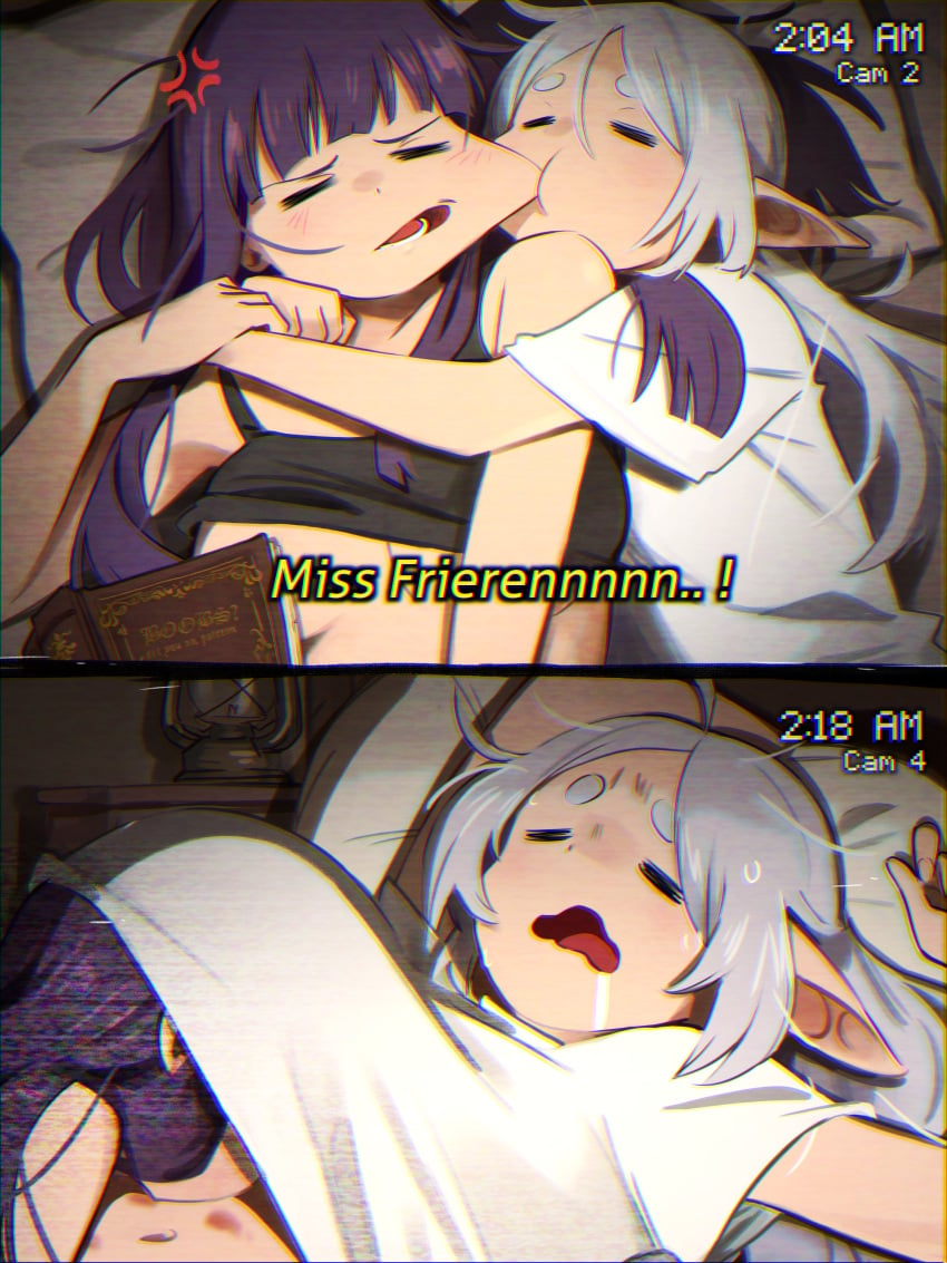 2024 2_panel 2_panel_comic 2girls bed book drool drooling elf elf_ears fern_(sousou_no_frieren) frieren funny hickey khyleri marks meme purple_hair sleeping sousou_no_frieren sweat sweatdrop text under_shirt white_hair