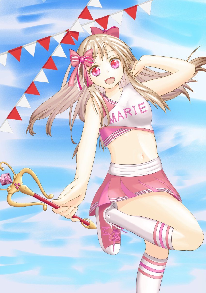 absurdres alternate_costume blonde_hair breasts chaos_marie_(grimms_notes) cheerleader crop_top female grimms_notes hair_ribbon highres holding holding_wand holding_weapon long_hair midriff miniskirt navel phant0mqualia pink_eyes ribbon skirt solo wand weapon