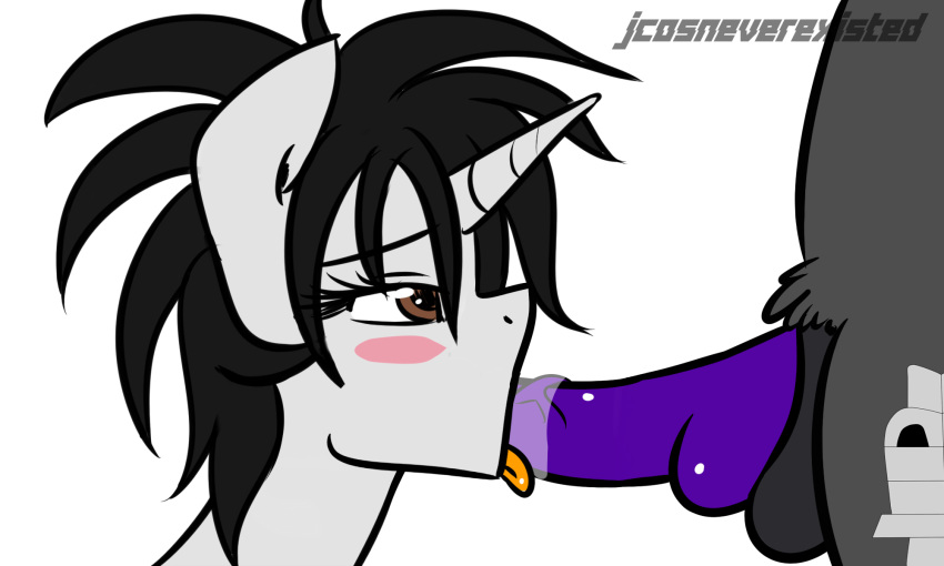 anthro balls black_hair blush brown_eyes duo equine erection faceless_male fan_character fellatio female hair hi_res horn jcosneverexisted male mammal my_little_pony oral penis saliva sex spiky_flair straight tongue tongue_out unicorn