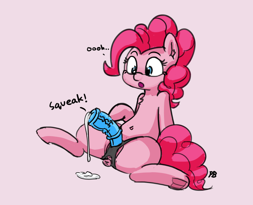 anus chest_tuft dildo earth_pony english_text equine female feral friendship_is_magic hair horse mammal my_little_pony navel open_mouth pabbley pink_hair pinkie_pie_(mlp) pony pussy sex_toy simple_background solo strapon text tuft white_background