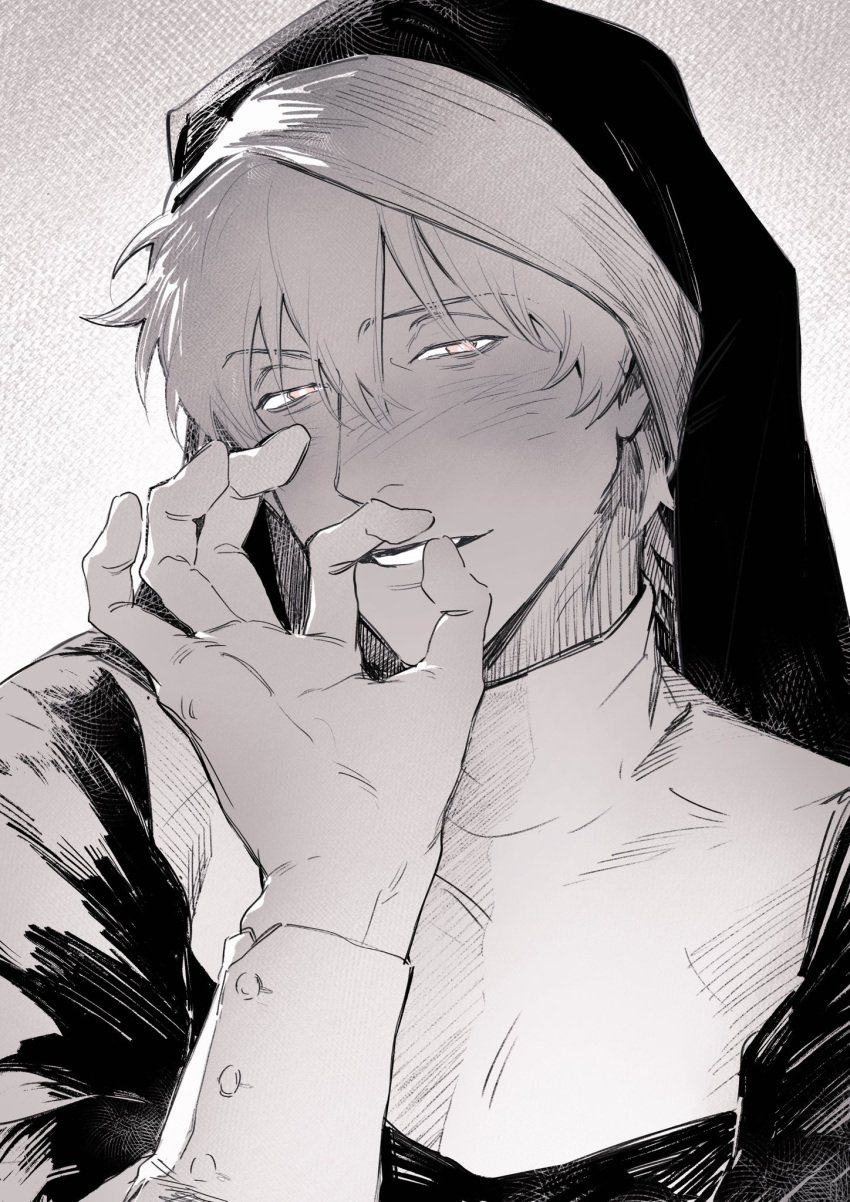 alternate_costume blush chimmyming crossdressing fellatio_gesture fully_clothed gintama gintoki_sakata habit half-closed_eyes looking_at_viewer male male_only manly_crossdresser monochrome nun nun's_habit nun_outfit smile solo upper_body