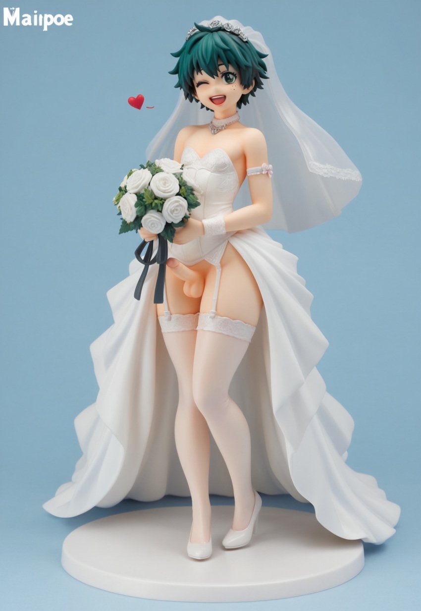 ai_generated boku_no_hero_academia cucumber_king femboy feminine feminine_male figure floating_heart gay happy heart izuku_midoriya my_hero_academia small_penis wedding_dress