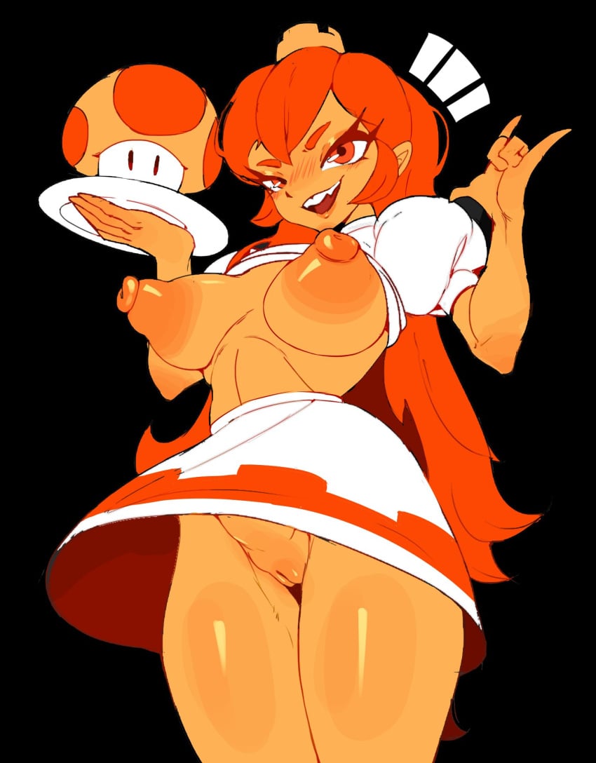 2024 big_breasts big_nipples black_background blush breasts crown female female_focus female_only huhujujuy long_hair mario_(series) mushroom nintendo nipples orange_body orange_eyes orange_hair orange_skin plate princess princess_peach princess_toadstool pussy shirt_lift skirt thick_thighs thighs upskirt