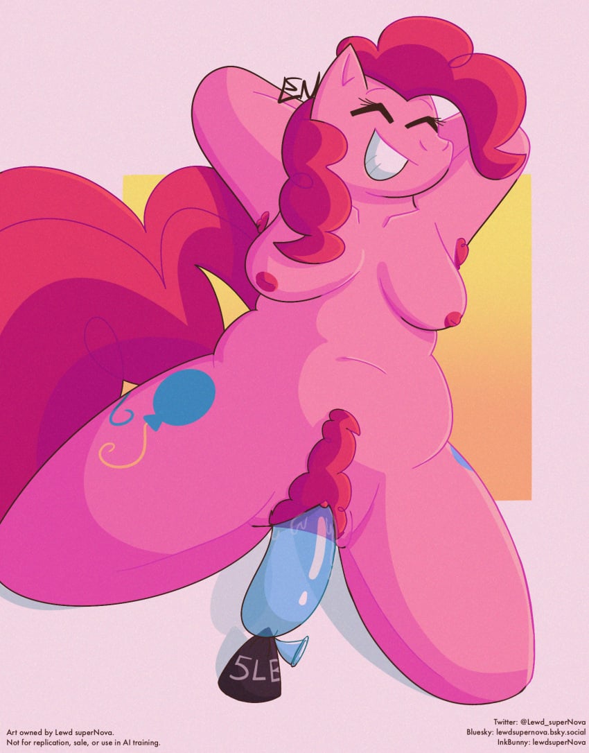 anthro armpit_hair balloon belly body_hair closed_eyes curled_hair cutie_mark dildo equid equine female friendship_is_magic fur hair hands_behind_head hasbro hi_res horse inflatable kneeling lewd_supernova mammal my_little_pony noise_filter nude penetration pink_body pink_fur pink_hair pinkie_pie_(mlp) pony pubes riding_dildo sex_toy simple_background slightly_chubby smile solo vaginal_penetration vaginal_penetration