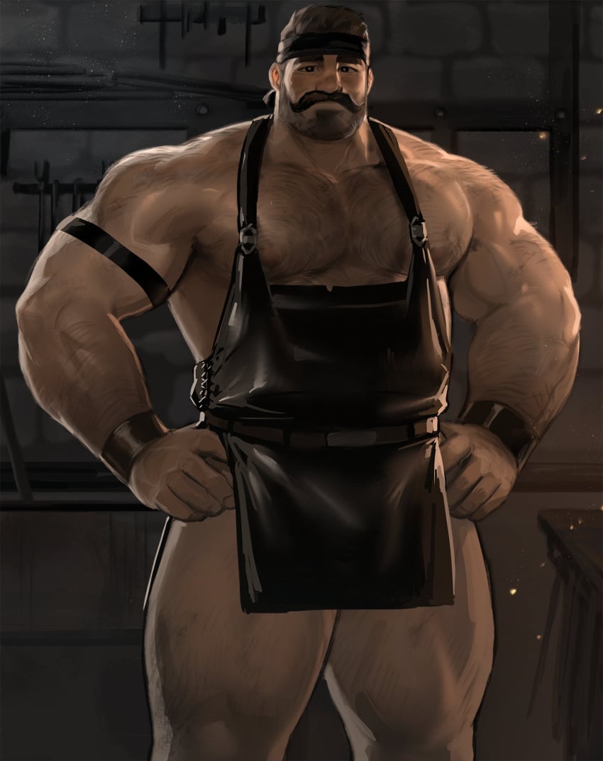 1boy apron apron_only bara bara_tiddies bara_tits beard big_muscles big_pecs big_thighs black_apron black_headband black_wristband body_hair bottomless brown_hair bulge chest_hair dilf dopq facial_hair hairy hairy_arms hairy_chest hairy_hands hairy_male hairy_shoulders hairy_thighs hands_on_hips headband human human_only leather_apron light-skinned_male light_skin looking_at_viewer male male_focus male_only manly mature mature_male moustache muscles muscular muscular_male muscular_shoulders muscular_thighs nipples pecs pectorals pose posing solo solo_focus solo_male standing thick_eyebrows thick_thighs wristband