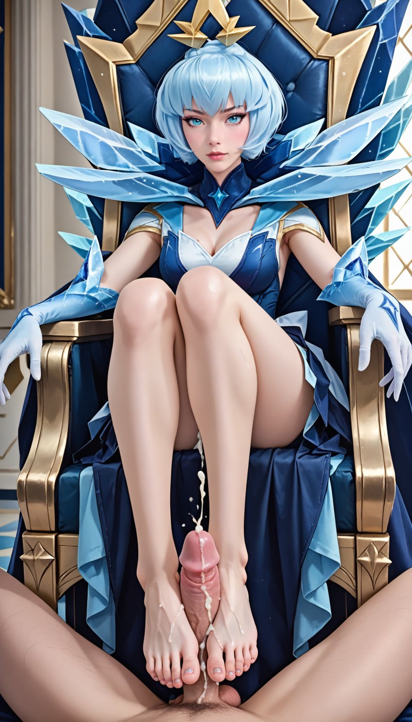 ai_generated cum cum_on_feet elementalist_lux elementalist_lux_ice footjob league_of_legends luxanna_crownguard riot_games throne