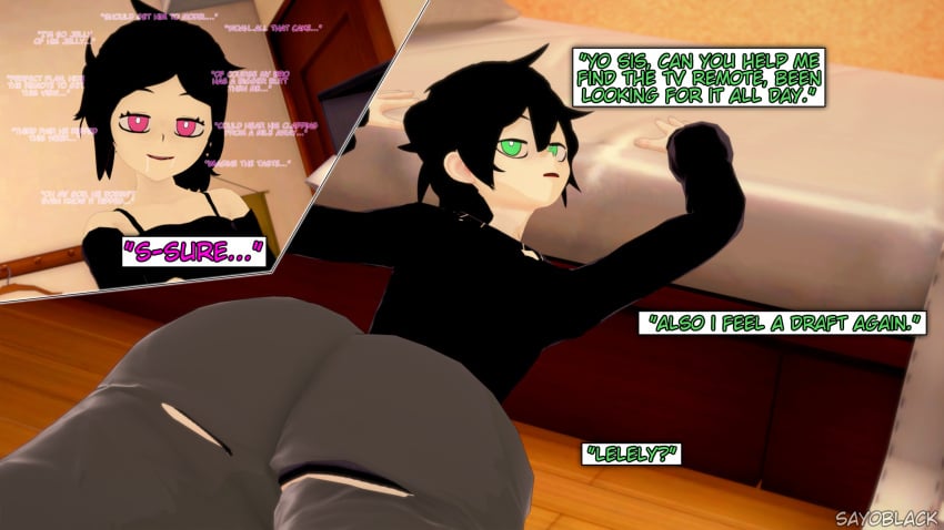 andrew_graves ashley_graves big_ass big_ass_(male) big_butt black_hair inner_monologue koikatsu looking_back ripped_clothing ripped_pants showing_ass showing_off text text_box the_coffin_of_andy_and_leyley unaware