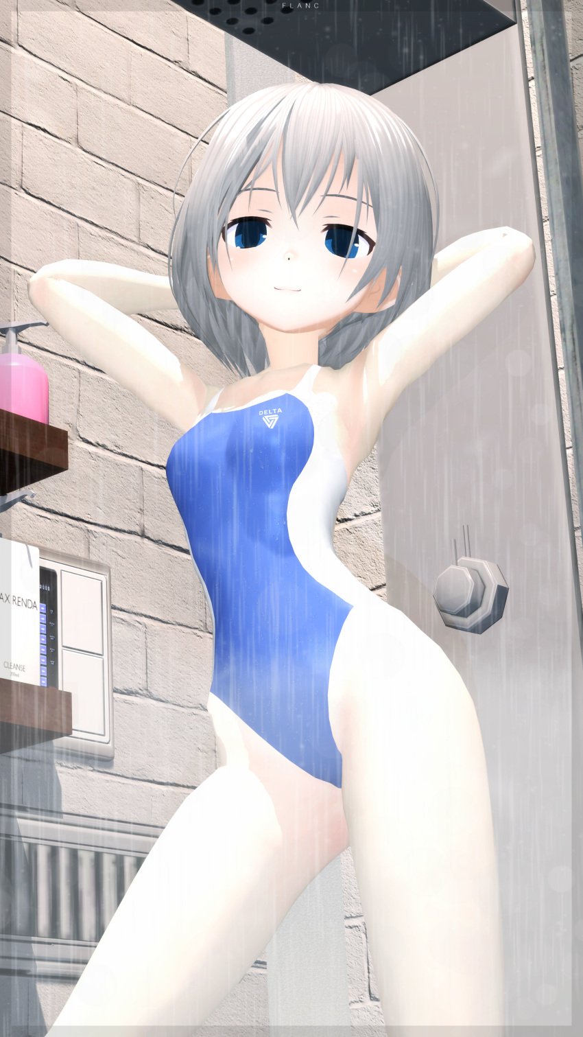 armpits arms_behind_head blue_eyes flanc_(flancsteam) flancsteam garry's_mod garry's_mod leotard oc original_character sexy_armpits sexy_pose shower silver_hair smug smug_face swimsuit swimsuits