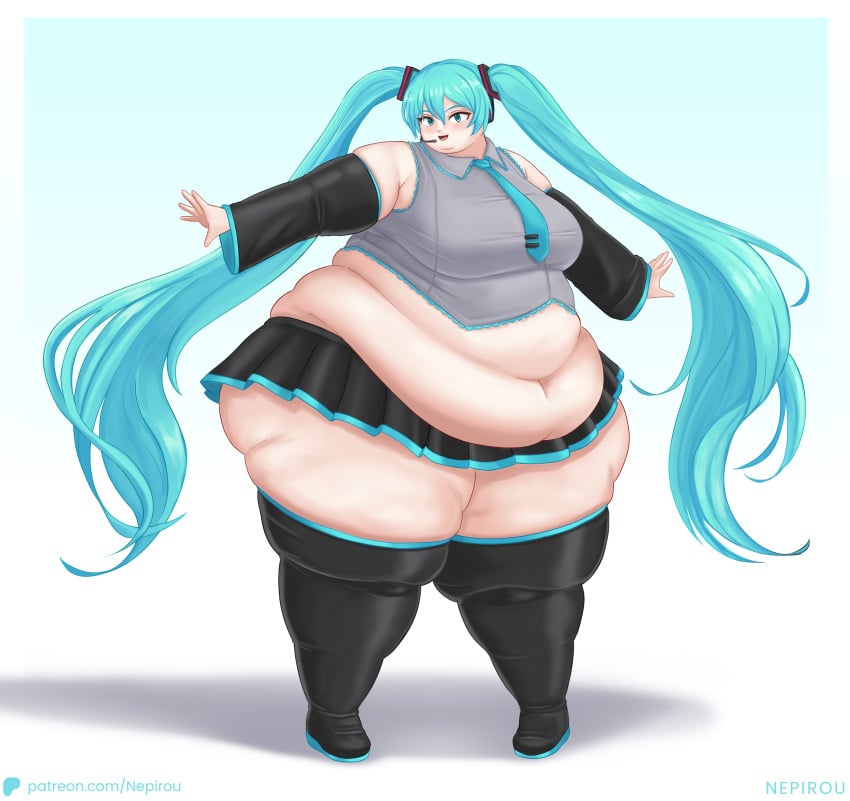 1girls ass_bigger_than_body ass_bigger_than_head bbw belly belly_bigger_than_head belly_button belly_overhang big_ass big_belly big_butt double_chin fat fat_arms fat_ass fat_belly fat_butt fat_face fat_female fat_fetish fat_folds fat_rolls fat_thighs fat_woman hatsune_miku morbidly_obese morbidly_obese_female nepirou obese obese_female pear_shaped simple_background ssbbw teal_hair tie twintails vocaloid watermark