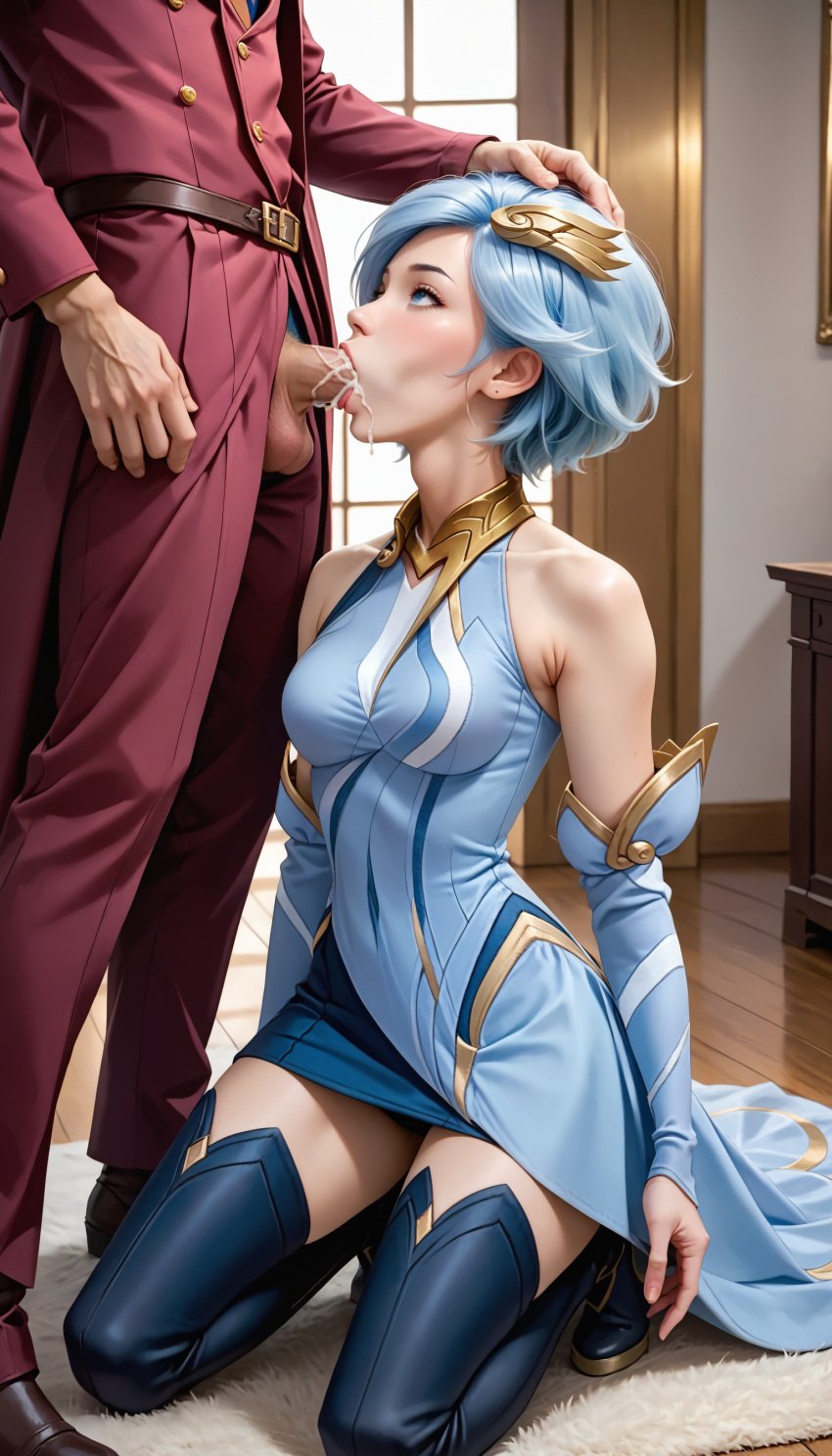 1boy 1girls ai_generated blowjob cum dress elementalist_lux elementalist_lux_air kneeling_oral_position league_of_legends luxanna_crownguard riot_games straight