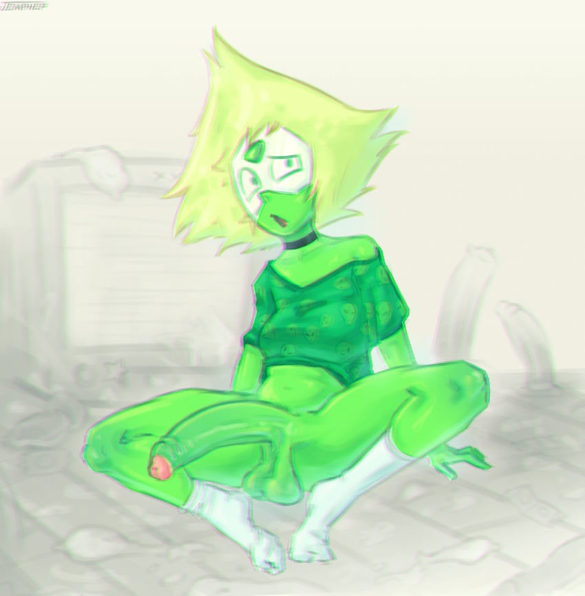 alien_girl balls big_balls big_penis bottomless breasts cartoon_network clothed clothing erection female_only futa_only futanari gem_(species) green_skin humanoid humanoid_penis jemphep large_penis partially_clothed penis peridot_(steven_universe) smooth_balls smooth_penis solo spread_legs steven_universe