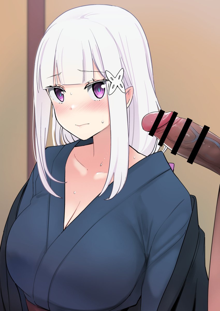 1boy :> absurdres bar_censor blue_kimono blue_pupils blunt_bangs blush breasts butterfly_hair_ornament censored cleavage closed_mouth collarbone ear_blush emilia_(re:zero) erection female furrowed_brow h2o_(ddks2923) hair_ornament highres japanese_clothes kimono large_breasts long_hair looking_to_the_side nervous penis pink_eyes pointy_ears re:zero_kara_hajimeru_isekai_seikatsu sidelocks solo_focus straight_hair sweat upper_body veins veiny_penis white_eyelashes white_hair yukata