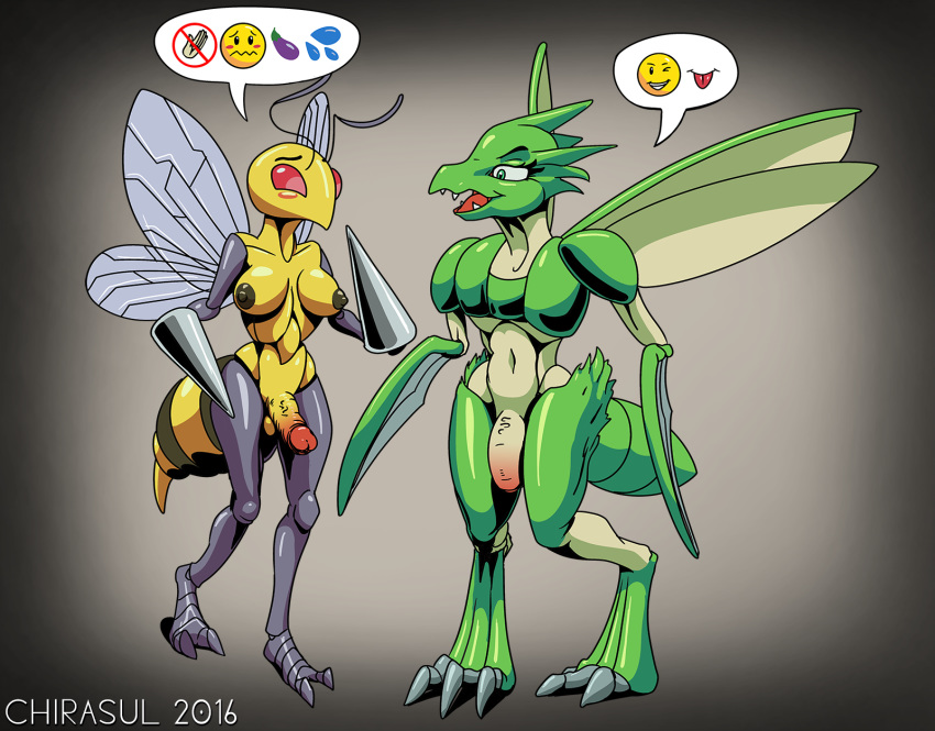 2016 abdomen antennae anthro areola arthropod balls bee beedrill blush breasts chirasul dialogue duo female full-length_portrait full_length green_eyes hi_res humanoid_penis insect_wings insects male nintendo nipples nude open_mouth partially_retracted_foreskin penis pokemon portrait red_eyes scyther simple_background speech_bubble standing stinger straight teeth uncut video_games watermark wings