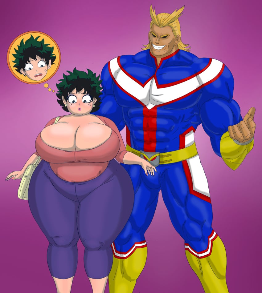 1boy 1girls all_might bimbo boku_no_hero_academia female_deku fully_clothed green_eyes green_hair huge_ass huge_breasts hyper_ass hyper_breasts inko_midoriya izuku_midoriya milf mtf_transformation my_hero_academia pixar_mom rule_63 saturnxart tagme toshinori_yagi transformation