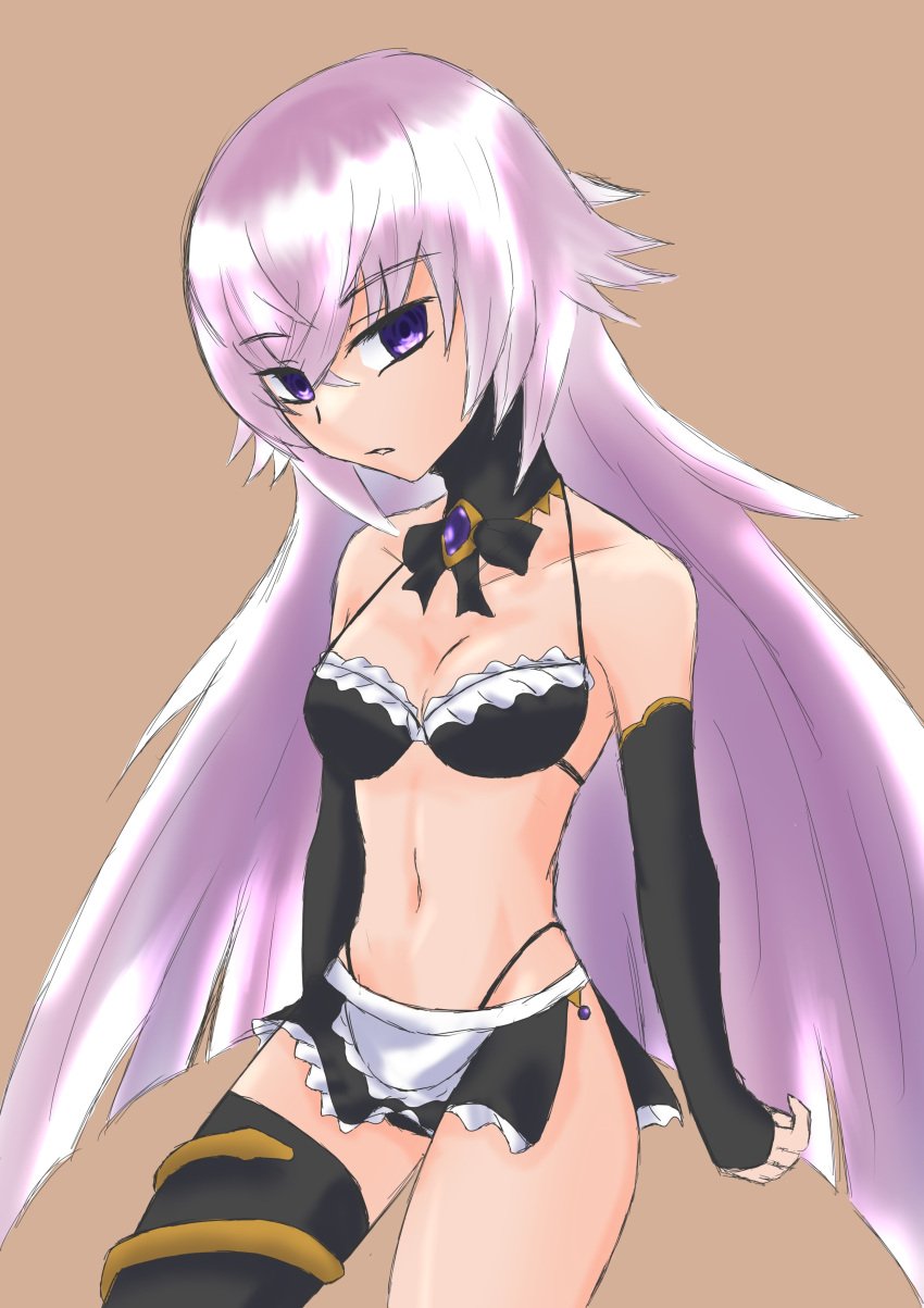 alternate_costume black_gloves black_ribbon black_sock breasts brown_background collarbone elbow_gloves female fingerless_gloves gb9700nt001 grimms_notes long_hair magic_mirror_(grimms_notes) maid_bikini purple_eyes purple_gemstone purple_hair simple_background single_sock sketch solo