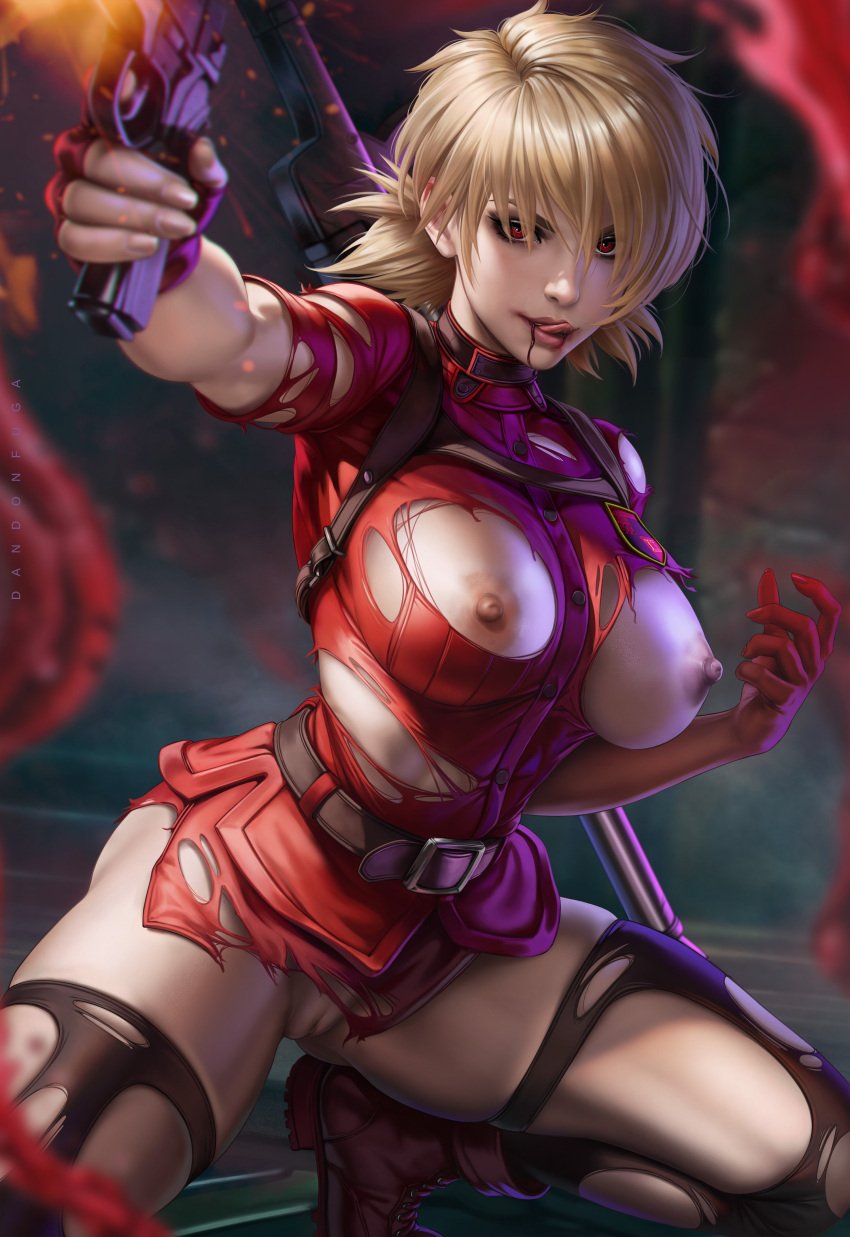 1girls absurd_res absurdres action_pose arched_back areola areolae athletic athletic_female bangs big_breasts blonde_hair blood blood_stain boots breasts breasts_exposed breasts_out breasts_out_of_clothes busty child_bearing_hips clothed clothing dandon_fuga female female_focus female_only fingerless_gloves fingernails firearm fit fit_female genitals gloves gun hairless_pussy hellsing hips holding_gun holding_pistol holding_weapon huge_breasts large_breasts legs light-skinned_female light_skin nipples pistol pussy red_boots red_uniform seras_victoria shaved_pussy slim_girl slim_waist solo solo_female solo_focus stockings thick_thighs thighs tongue tongue_out torn torn_clothes torn_clothing torn_stockings uniform vagina weapon wide_hips