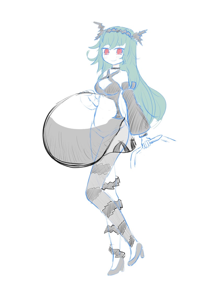 black_footwear bloated breasts chaos_aurora_(grimms_notes) detached_sleeves female full_body grimms_notes grin holding_own_stomach light_blue_hair partially_colored red_eyes shoes simple_background single_sock sketch solo thorns vore white_background xiphelier