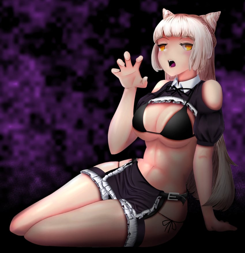 alternate_costume bad_id bad_twitter_id bare_shoulders big_breasts bikini breasts chaos_puss_in_boots_(grimms_notes) cleavage female grimms_notes highres ka2illust large_breasts long_hair maid maid_bikini navel purple_hackground solo swimsuit unconventional_maid white_hair yellow_eyes