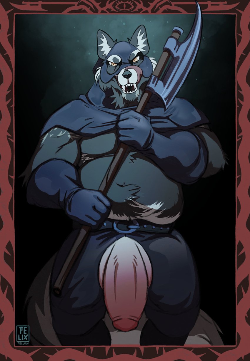 anthro canid canine canis executioner felixfellow genitals hi_res male male_focus male_only mammal medieval mythological_canine mythological_creature mythology penis portrait shapeshifter solo tongue tongue_out weapon werecanid werecanine werecreature werewolf wolf