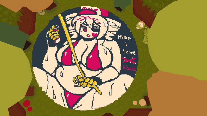 big_breasts bikini bikini_bottom bikini_top chubby chubby_female huge_breasts large_breasts nozomeme pink_eyes pixel_art screenshot sweat sweatdrop sweating text webfishing webfishing_chalk_art white_hair white_skin