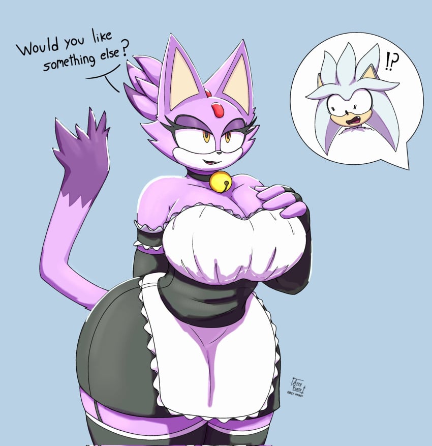 !? 1boy1girl 2020s 2023 2d 2d_(artwork) 4_fingers anthro anthro_only anthrofied arm_warmers arzyparzy bell_collar big_breasts big_hands big_thighs black_clothing blaze_the_cat breasts cat_ears cat_tail cleavage collar elbow_gloves eyelashes eyeshadow female female_focus fingerless_elbow_gloves furry furry_female furry_only hand_on_breasts hi_res highres hips large_breasts large_thighs long_ears maid maid_outfit nose orange_eyes purple_fur shocked silver_the_hedgehog slim_waist sonic_(series) sonic_the_hedgehog_(series) talking_to_another thick_thighs thighhighs thighs tied_hair wide_hips