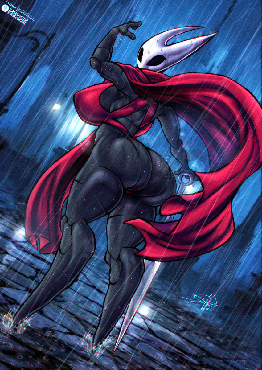 1girls 2024 2d ass ass_bigger_than_head big_ass big_breasts bluewolfartista breasts breasts_bigger_than_head child_bearing_hips dark_body dark_skin dumptruck_ass eyelashes female hollow_knight hornet_(hollow_knight) huge_breasts mask masked masked_female nude nude_female rain shirt small_shirt solo team_cherry thick_thighs thunder_thighs wet_body wide_hips